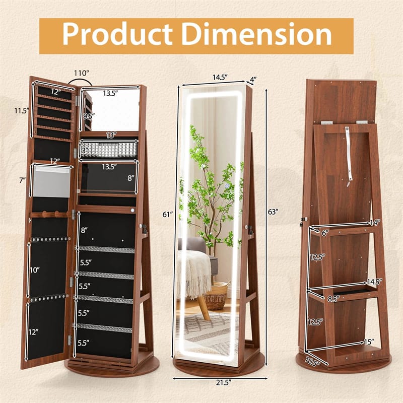 360° Swivel Jewelry Cabinet Armoire w/ Full Length Mirror 3-Color LED Lights & Rear Shelves, Lockable Standing Jewelry Storage Organizer