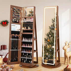360° Swivel Jewelry Cabinet Armoire w/ Full Length Mirror 3-Color LED Lights & Rear Shelves, Lockable Standing Jewelry Storage Organizer