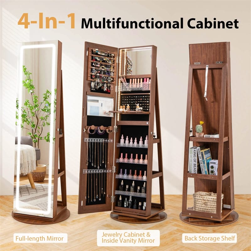 360° Swivel Jewelry Cabinet Armoire w/ Full Length Mirror 3-Color LED Lights & Rear Shelves, Lockable Standing Jewelry Storage Organizer