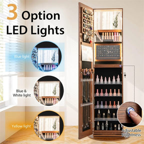 360° Swivel Jewelry Cabinet Armoire w/ Full Length Mirror 3-Color LED Lights & Rear Shelves, Lockable Standing Jewelry Storage Organizer