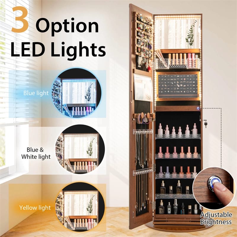 360° Swivel Jewelry Cabinet Armoire w/ Full Length Mirror 3-Color LED Lights & Rear Shelves, Lockable Standing Jewelry Storage Organizer