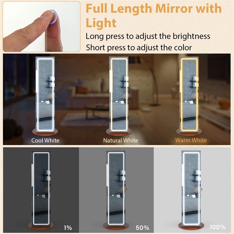 360° Swivel Jewelry Cabinet Armoire w/ Full Length Mirror 3-Color LED Lights & Rear Shelves, Lockable Standing Jewelry Storage Organizer