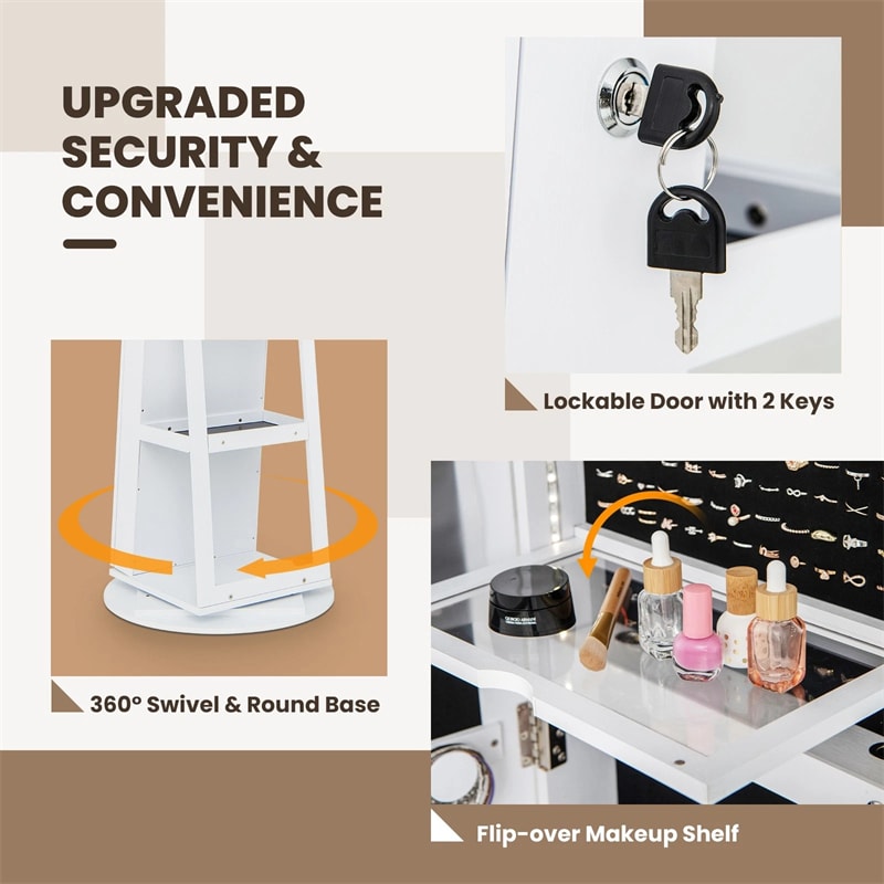 360° Swivel Jewelry Cabinet Armoire w/ Full Length Mirror 3-Color LED Lights & Rear Shelves, Lockable Standing Jewelry Storage Organizer