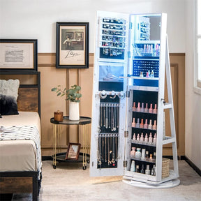 360° Swivel Jewelry Cabinet Armoire w/ Full Length Mirror 3-Color LED Lights & Rear Shelves, Lockable Standing Jewelry Storage Organizer