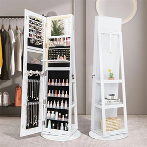 360° Swivel Jewelry Cabinet Armoire w/ Full Length Mirror 3-Color LED Lights & Rear Shelves, Lockable Standing Jewelry Storage Organizer