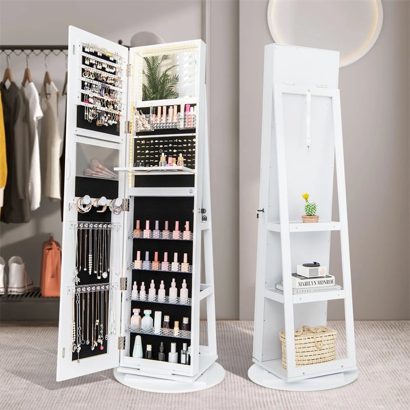 360° Swivel Jewelry Cabinet Armoire w/ Full Length Mirror 3-Color LED Lights & Rear Shelves, Lockable Standing Jewelry Storage Organizer