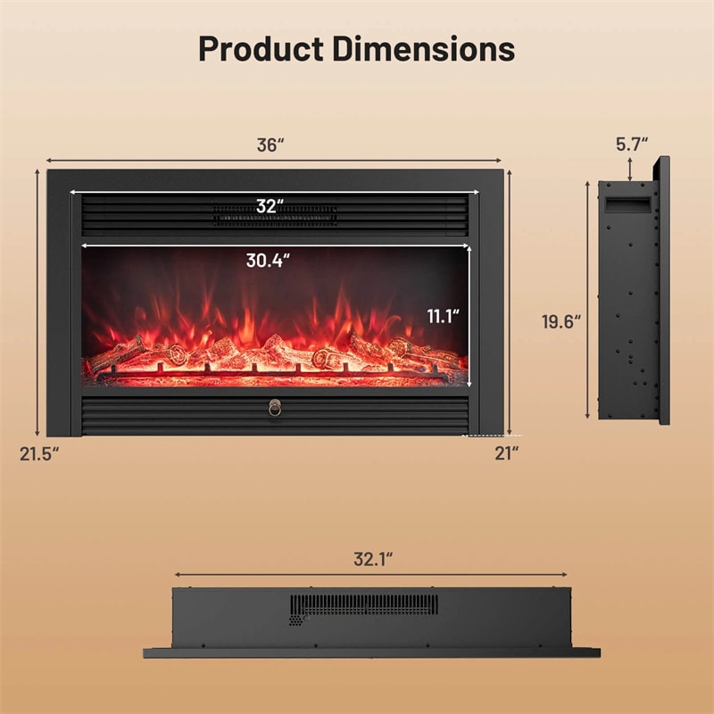 28.5/33/36 Inch Recessed Electric Fireplace Insert, 1500W Wall Mounted Freestanding Fireplace Heater with 3 Color Flame & Remote Control