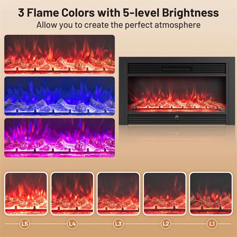 28.5/33/36 Inch Recessed Electric Fireplace Insert, 1500W Wall Mounted Freestanding Fireplace Heater with 3 Color Flame & Remote Control