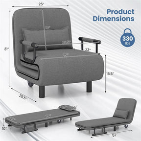 3-in-1 Convertible Sofa Bed, Folding Sleeper Chair with 5-Position Adjustable Backrest, Pillow, Hidden Legs & Wheels for Living Room Office