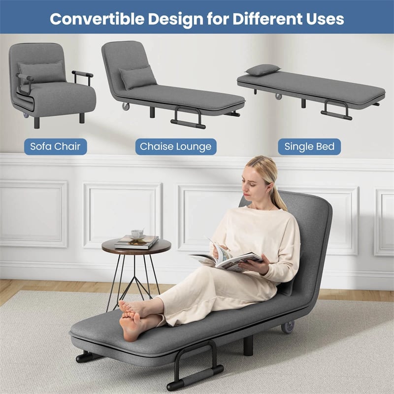 3-in-1 Convertible Sofa Bed, Folding Sleeper Chair with 5-Position Adjustable Backrest, Pillow, Hidden Legs & Wheels for Living Room Office