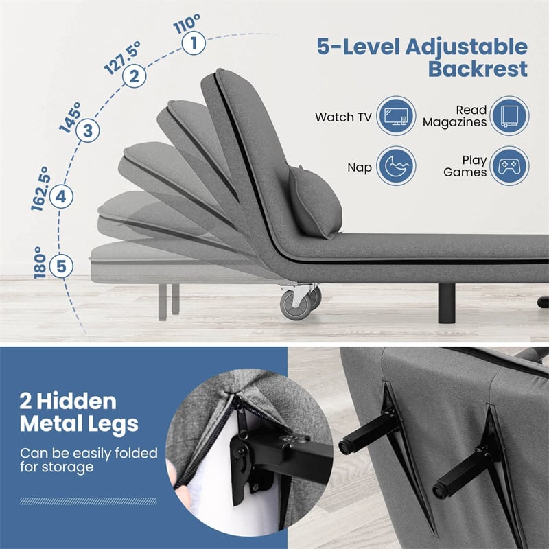 3-in-1 Convertible Sofa Bed, Folding Sleeper Chair with 5-Position Adjustable Backrest, Pillow, Hidden Legs & Wheels for Living Room Office
