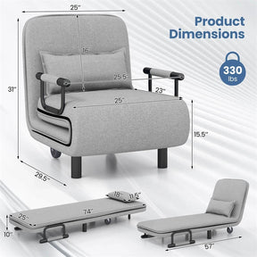 3-in-1 Convertible Sofa Bed, Folding Sleeper Chair with 5-Position Adjustable Backrest, Pillow, Hidden Legs & Wheels for Living Room Office