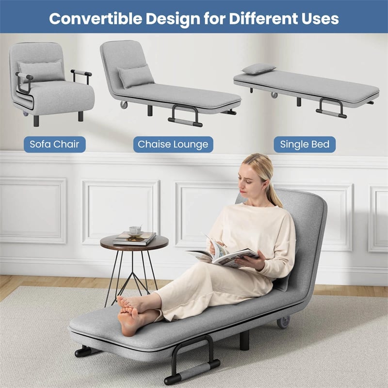 3-in-1 Convertible Sofa Bed, Folding Sleeper Chair with 5-Position Adjustable Backrest, Pillow, Hidden Legs & Wheels for Living Room Office