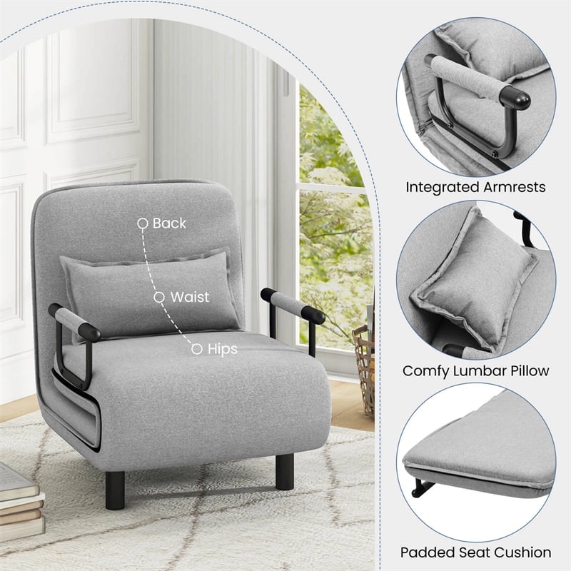 3-in-1 Convertible Sofa Bed, Folding Sleeper Chair with 5-Position Adjustable Backrest, Pillow, Hidden Legs & Wheels for Living Room Office