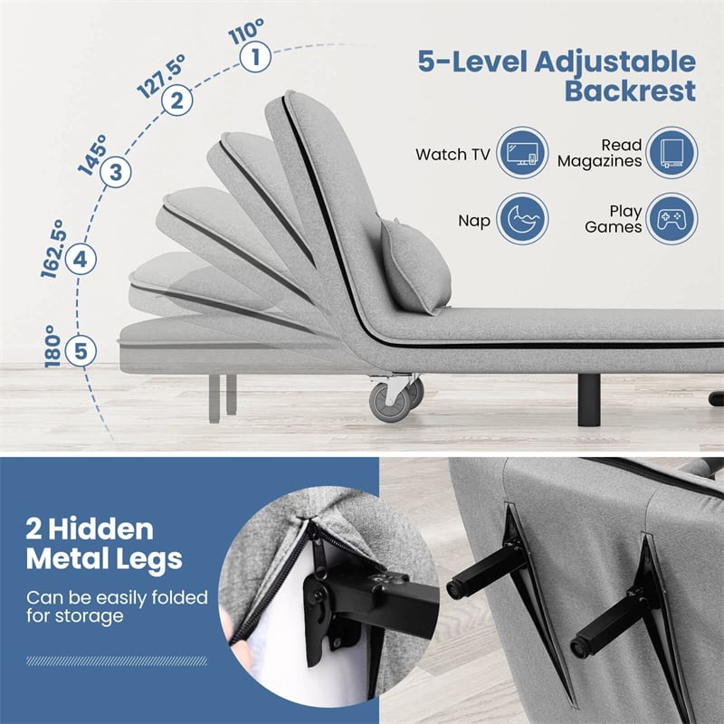 3-in-1 Convertible Sofa Bed, Folding Sleeper Chair with 5-Position Adjustable Backrest, Pillow, Hidden Legs & Wheels for Living Room Office