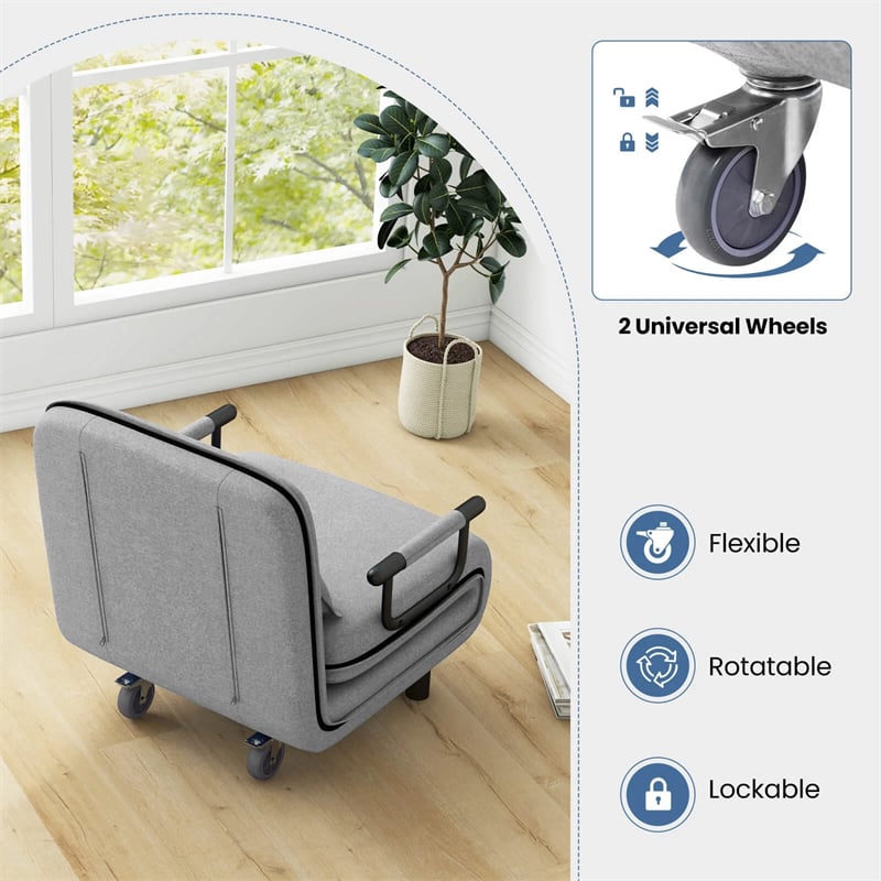 3-in-1 Convertible Sofa Bed, Folding Sleeper Chair with 5-Position Adjustable Backrest, Pillow, Hidden Legs & Wheels for Living Room Office