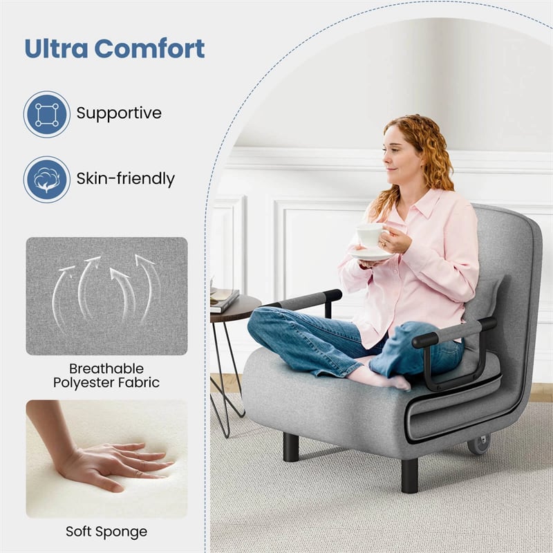 3-in-1 Convertible Sofa Bed, Folding Sleeper Chair with 5-Position Adjustable Backrest, Pillow, Hidden Legs & Wheels for Living Room Office