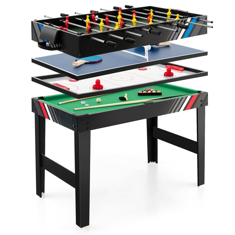 4-in-1 Multi Game Table, 49" Combo Game Table with Foosball, Pool, Air Hockey & Table Tennis, Indoor Arcade Table for Kids, Adults, Family Game Room