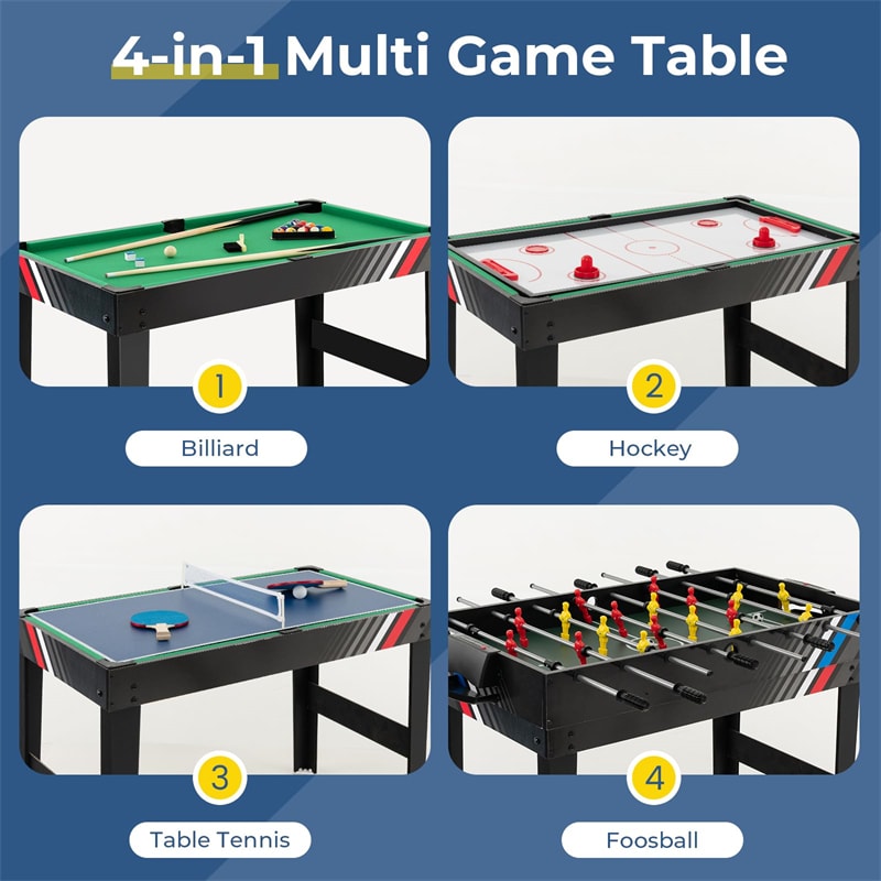 4-in-1 Multi Game Table, 49" Combo Game Table with Foosball, Pool, Air Hockey & Table Tennis, Indoor Arcade Table for Kids, Adults, Family Game Room