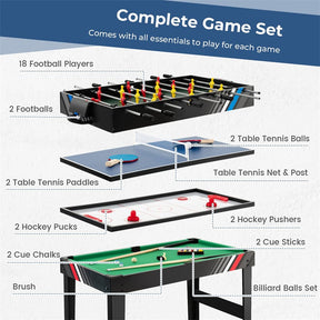 4-in-1 Multi Game Table, 49" Combo Game Table with Foosball, Pool, Air Hockey & Table Tennis, Indoor Arcade Table for Kids, Adults, Family Game Room