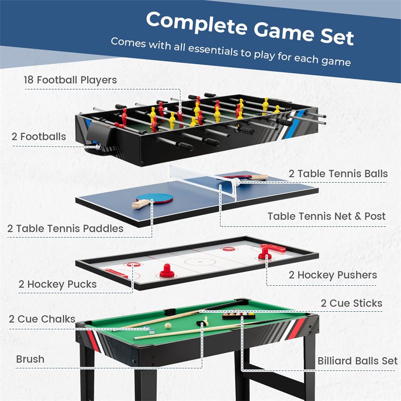 4-in-1 Multi Game Table, 49" Combo Game Table with Foosball, Pool, Air Hockey & Table Tennis, Indoor Arcade Table for Kids, Adults, Family Game Room