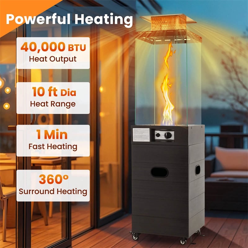40,000 BTU Outdoor Propane Patio Heater with Tempered Glass Tube, Wheels & Cover, CSA Certified Stainless Steel Burner for Porch, Backyard