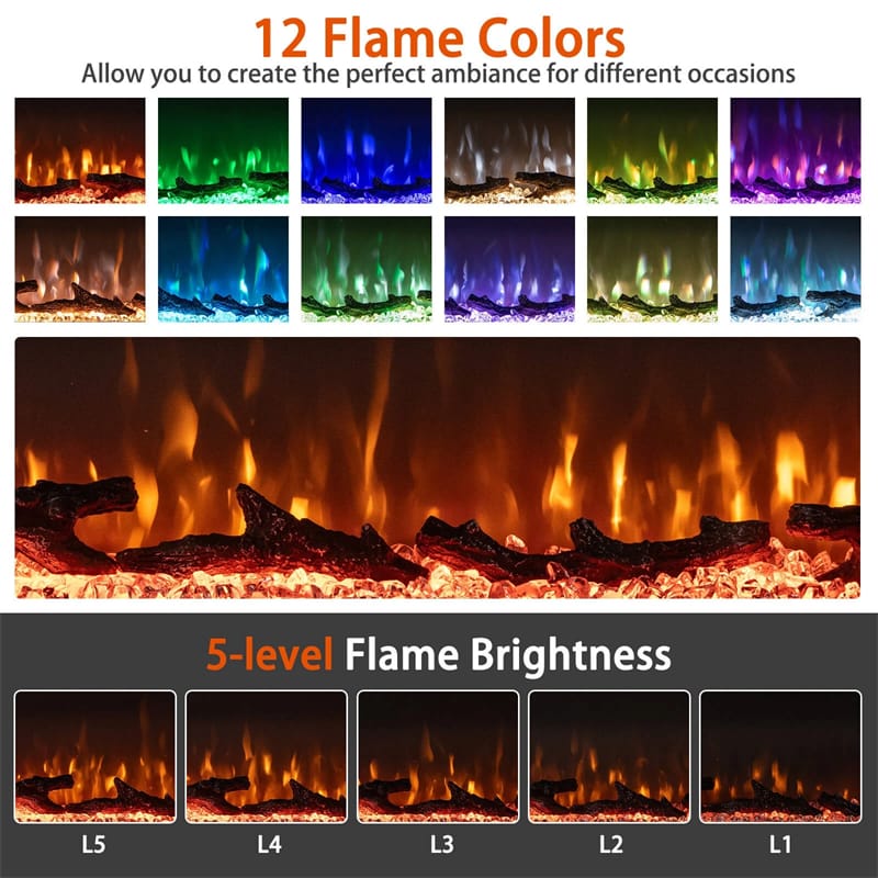 36/40/50/60 Inches 3-Sided Electric Fireplace Insert, 750W/1200W Recessed Fireplace Heater with 12 Flame Colors, Remote, 5 Brightness & 8H Timer