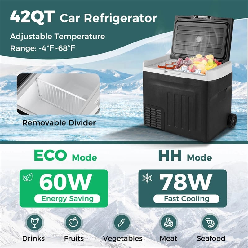 23/32/42QT Portable Car Refrigerator with -4°F~68°F Adjustable Range, 12V/24V DC 100-240V AC Electric Car Cooler Freezer for Camping, RV, Travel