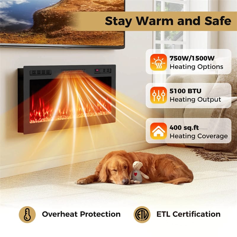 36-68" Smart WiFi Electric Fireplace, Recessed/Wall Mounted Fireplace Heater, 12 Flame & Ember Bed Colors, Alexa/Google Assistant, 12H Timer