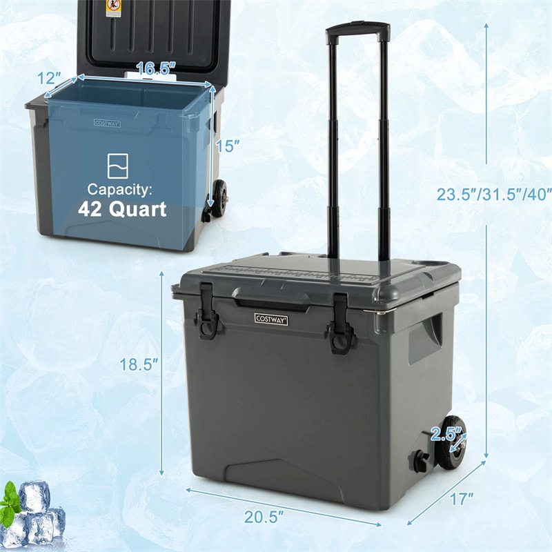 42 Qt Roto Molded Cooler with Wheels & Handle, Large Insulated Ice Chest 5-7 Days Retention, Heavy-Duty Hard Cooler for Beach Picnic Camping Boat