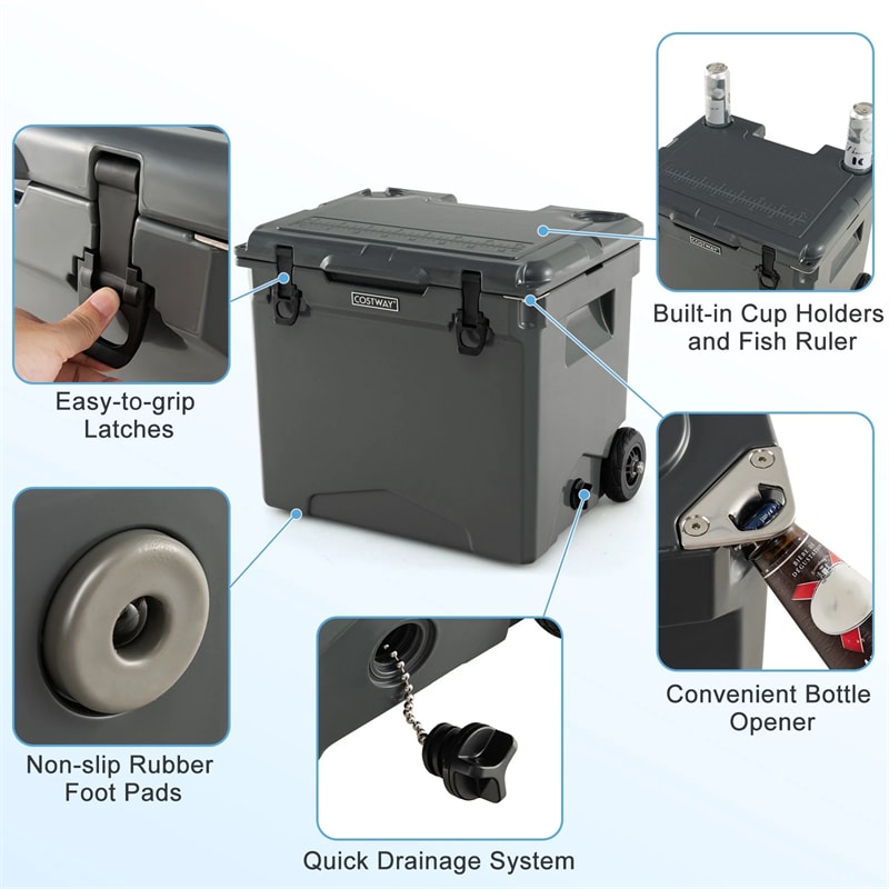 42 Qt Roto Molded Cooler with Wheels & Handle, Large Insulated Ice Chest 5-7 Days Retention, Heavy-Duty Hard Cooler for Beach Picnic Camping Boat