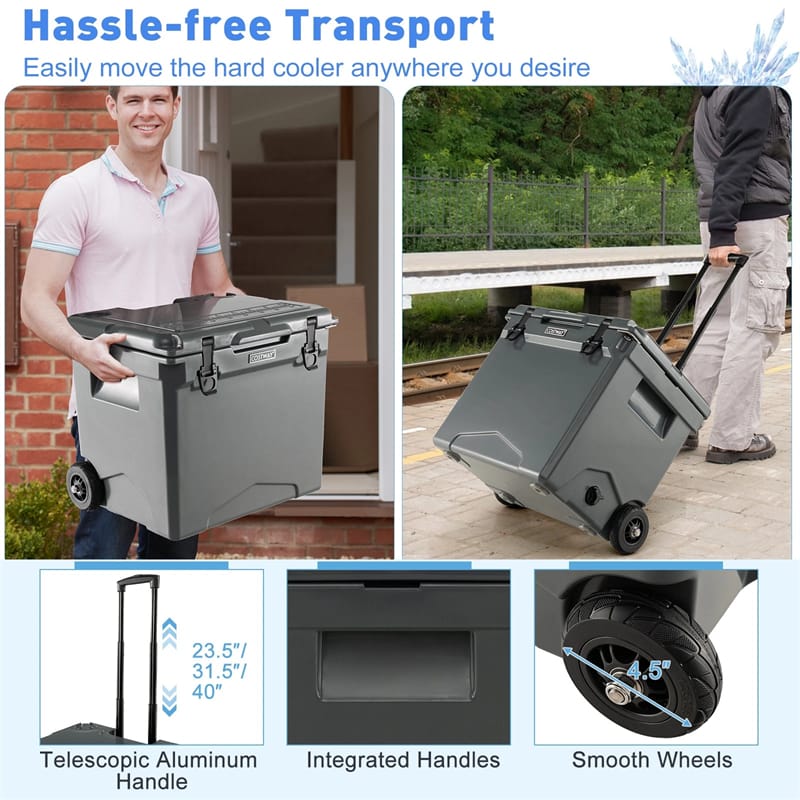 42 Qt Roto Molded Cooler with Wheels & Handle, Large Insulated Ice Chest 5-7 Days Retention, Heavy-Duty Hard Cooler for Beach Picnic Camping Boat