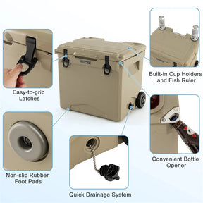 42 Qt Roto Molded Cooler with Wheels & Handle, Large Insulated Ice Chest 5-7 Days Retention, Heavy-Duty Hard Cooler for Beach Picnic Camping Boat