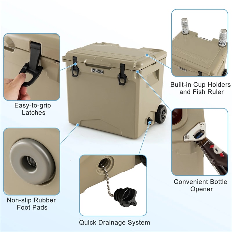 42 Qt Roto Molded Cooler with Wheels & Handle, Large Insulated Ice Chest 5-7 Days Retention, Heavy-Duty Hard Cooler for Beach Picnic Camping Boat