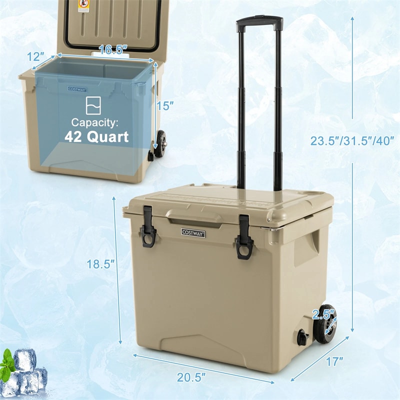 42 Qt Roto Molded Cooler with Wheels & Handle, Large Insulated Ice Chest 5-7 Days Retention, Heavy-Duty Hard Cooler for Beach Picnic Camping Boat