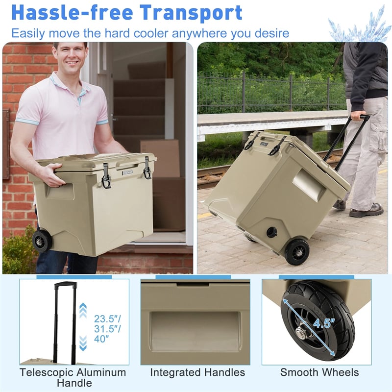 42 Qt Roto Molded Cooler with Wheels & Handle, Large Insulated Ice Chest 5-7 Days Retention, Heavy-Duty Hard Cooler for Beach Picnic Camping Boat