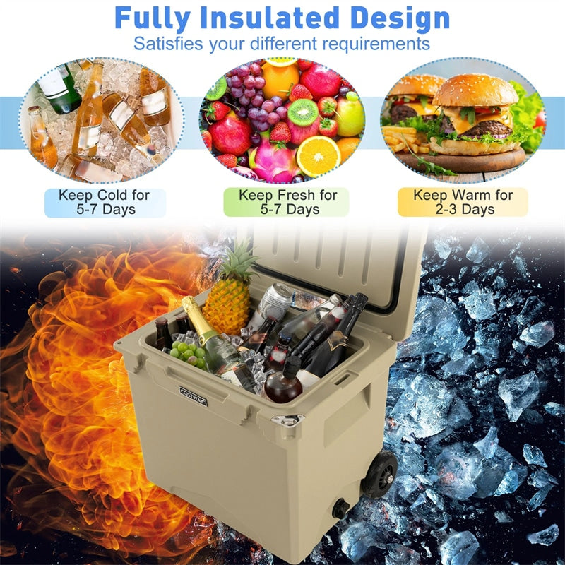 42 Qt Roto Molded Cooler with Wheels & Handle, Large Insulated Ice Chest 5-7 Days Retention, Heavy-Duty Hard Cooler for Beach Picnic Camping Boat