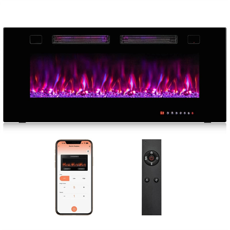42/50/60/72 Inch Ultra-Thin Smart Electric Fireplace Insert, Wall Mount & Recessed Heater with 12 Flame Colors & Decorative Crystals