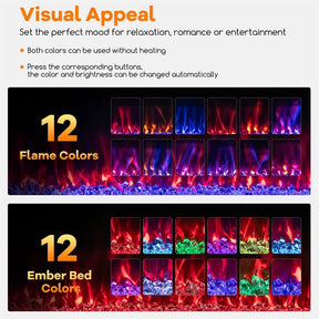 42/50/60/72 Inch Ultra-Thin Smart Electric Fireplace Insert, Wall Mount & Recessed Heater with 12 Flame Colors & Decorative Crystals