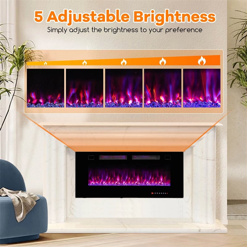 42/50/60/72 Inch Ultra-Thin Smart Electric Fireplace Insert, Wall Mount & Recessed Heater with 12 Flame Colors & Decorative Crystals