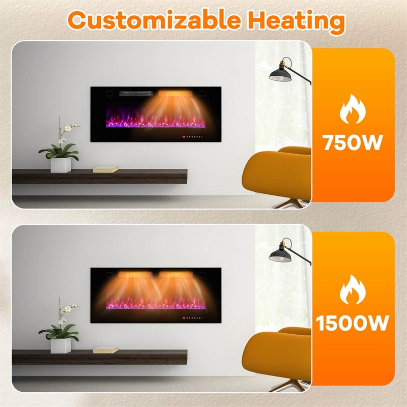 42/50/60/72 Inch Ultra-Thin Smart Electric Fireplace Insert, Wall Mount & Recessed Heater with 12 Flame Colors & Decorative Crystals