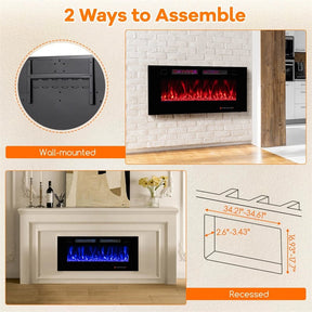 42/50/60/72 Inch Ultra-Thin Smart Electric Fireplace Insert, Wall Mount & Recessed Heater with 12 Flame Colors & Decorative Crystals