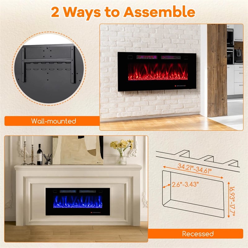 42/50/60/72 Inch Ultra-Thin Smart Electric Fireplace Insert, Wall Mount & Recessed Heater with 12 Flame Colors & Decorative Crystals