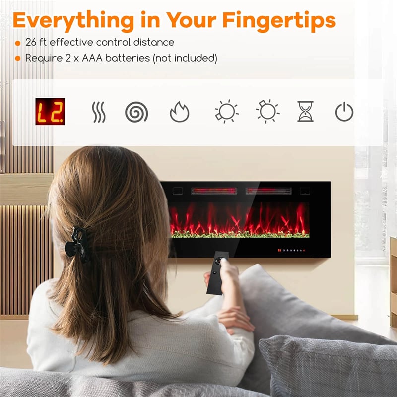 42/50/60/72 Inch Ultra-Thin Smart Electric Fireplace Insert, Wall Mount & Recessed Heater with 12 Flame Colors & Decorative Crystals