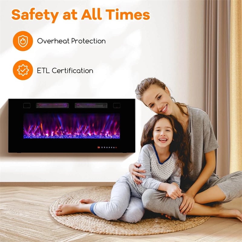 42/50/60/72 Inch Ultra-Thin Smart Electric Fireplace Insert, Wall Mount & Recessed Heater with 12 Flame Colors & Decorative Crystals