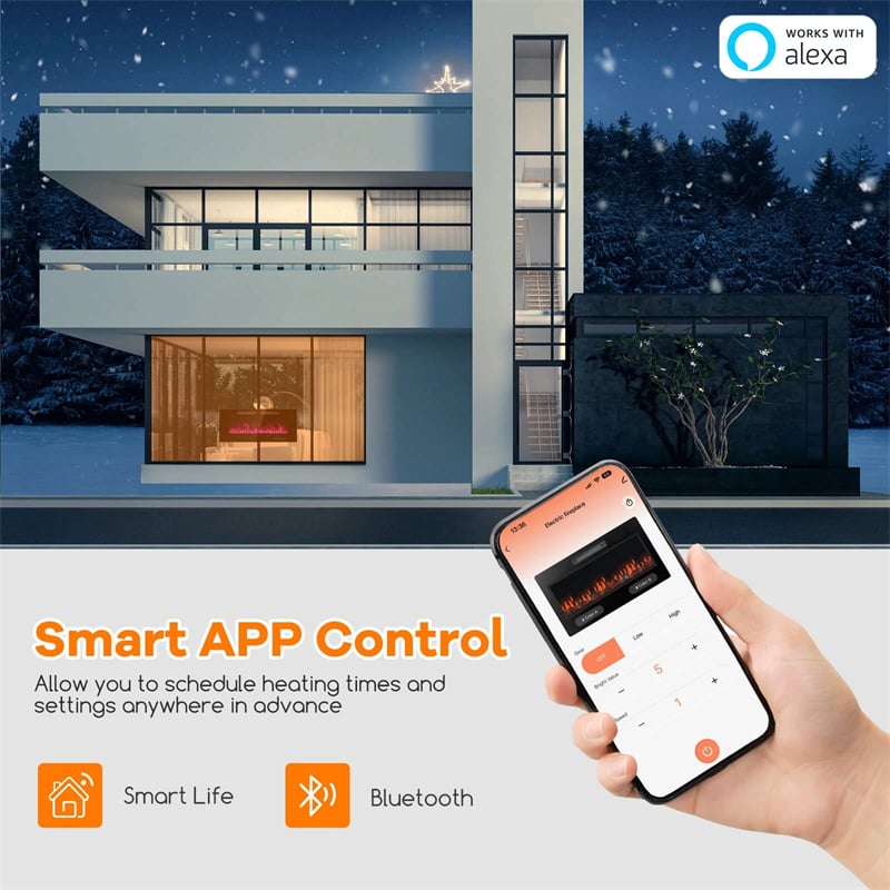 42/50/60/72 Inch Ultra-Thin Smart Electric Fireplace Insert, Wall Mount & Recessed Heater with 12 Flame Colors & Decorative Crystals
