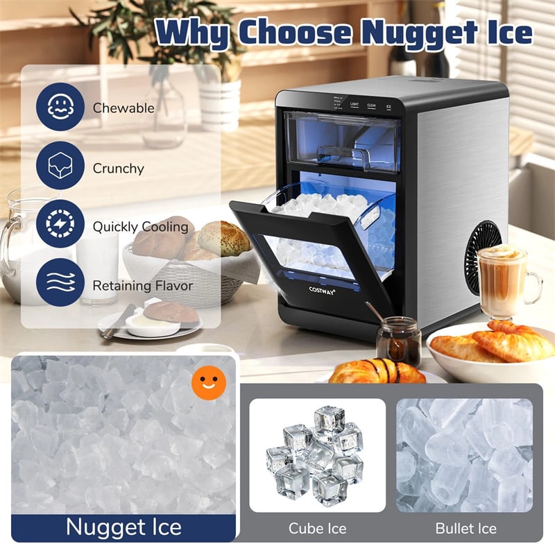 Countertop Nugget Ice Maker, 44LBS/24H Soft Chewable Sonic Ice Machine with Self-Cleaning, One-Touch Operation & Pull-Out Water Tank for Home Bar, RV