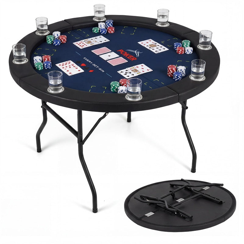 48" Foldable Poker Table, 8 Player Round Texas Holdem Casino Game Table with 8 Cup Holders & Metal Legs, Folding Card Table for Blackjack, Club