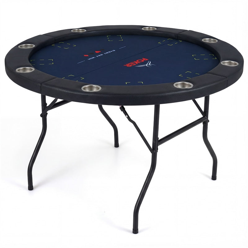 48" Foldable Poker Table, 8 Player Round Texas Holdem Casino Game Table with 8 Cup Holders & Metal Legs, Folding Card Table for Blackjack, Club