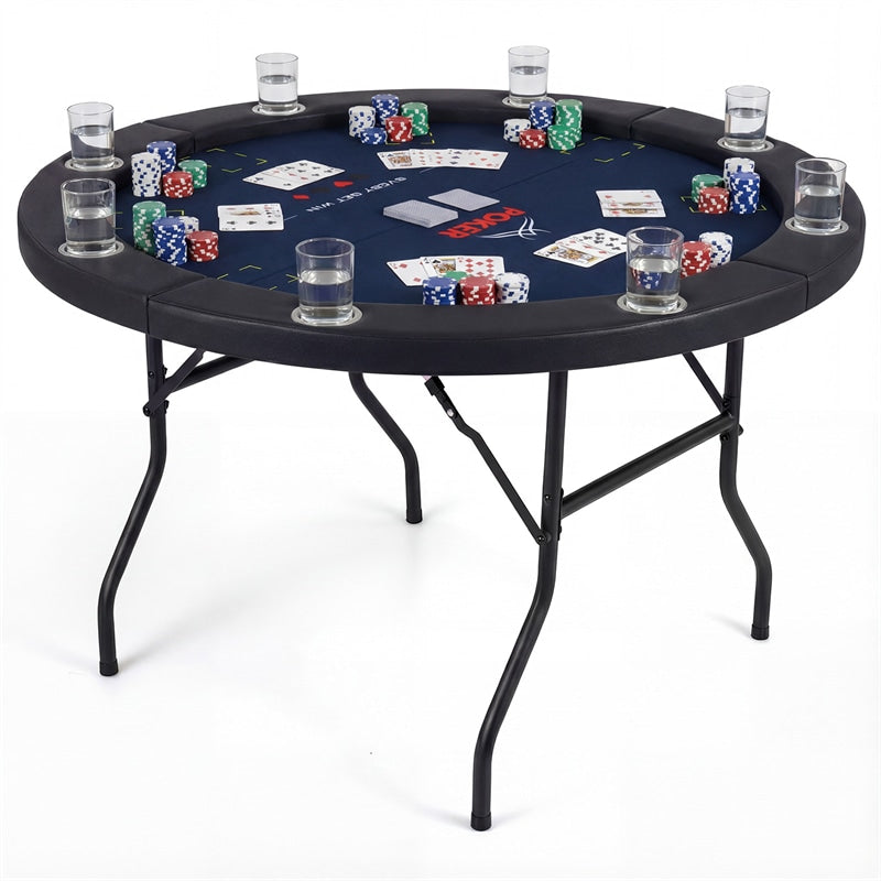 48" Foldable Poker Table, 8 Player Round Texas Holdem Casino Game Table with 8 Cup Holders & Metal Legs, Folding Card Table for Blackjack, Club